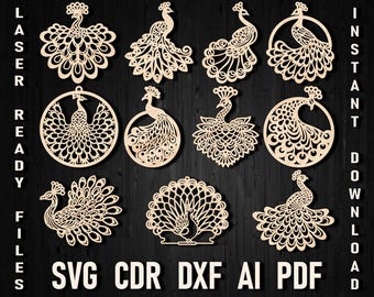 Påfågel laserskuren julprydnad Svg träskärningsmall bunt påfågelfil väggdekor, påfågelvektor klippfil för Cricut Silhouette
