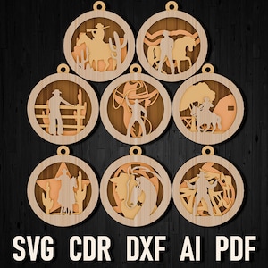 Fichiers d&#39;ornement laser svg Noël cowboy pour Cricut, fichier 3d multicouche Western Svg pour bricolage contreplaqué, cheval de cowboy ranch glowforge