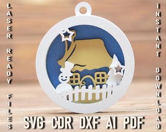 Winter Christmas Svg Ornament, Multi Layerd Tree Ornament File for Silhouette, Cricut Laser cuts, Plywood Files Glowforge Framed Ornament