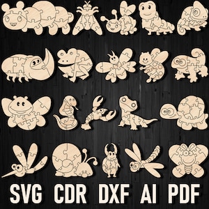 May include: A collection of laser-ready wooden animal puzzles, including a caterpillar, butterfly, frog, and turtle. The puzzles are made of light-colored wood and are arranged on a dark wood-grain background. Text on the image includes "SVG CDR DXF AI PDF".