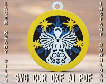 Ornamento angelo multistrato di Natale in formato SVG, decorazione palla 3D di Capodanno, file Glowforge per taglio laser, ornamento di carta a strati Cricut