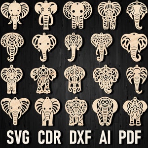 Olifant oorbellen Svg lasergesneden bundel, Afrika dieren oorbellen, Glowforge gesneden Afrikaanse dieren Svg, olifant hoofd oorbellen kerstornament