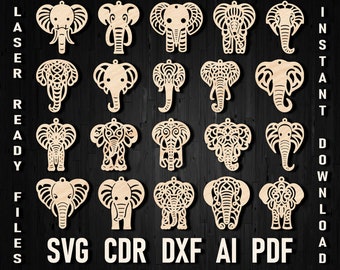 Elephant Earrings Svg Laser Cut Bundle, Africa Animals Earrings, Glowforge Cut African Animal Svg, Elephant Head Earrings Christmas Ornament