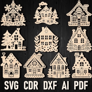Christmas House Ornaments svg bundle, Christmas tree cottage dxf, Family Ornament Laser cut Glowforge svg files, Cricut Winter Village Theme
