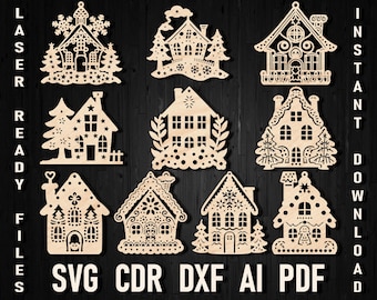 Christmas House Ornaments svg bundle, Christmas tree cottage dxf, Family Ornament Laser cut Glowforge svg files, Cricut Winter Village Theme