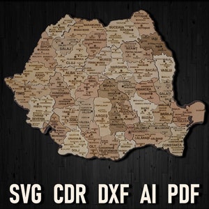 Archivo de corte láser de mapa de Rumania Svg, Rompecabezas de mapa de Rumania, País de Europa Glowforge, Descarga instantánea de archivo de Rumania dxf pdf Decoración de mapa de pared de la ciudad
