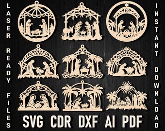Julkrubba SVG-paket – Laserskurna träprydnader för Cricut, Xtool och Silhouette. Mall för träutskärningar i Dxf-format.