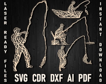 Svg Fisherman and Fish tree style wall panel vector files, Dxf files for laser cut cnc digital cdr files, Fishing Cricut and Glowforge pdf