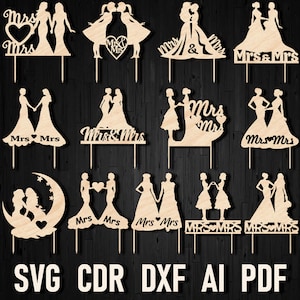 Lesbian wedding cake topper decor svg, Mrs and Mrs Cake Topper for laser machine, Lesbian Silhouette bride and bride topper svg for cricut