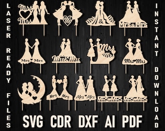 Lesbian wedding cake topper decor svg, Mrs and Mrs Cake Topper for laser machine, Lesbian Silhouette bride and bride topper svg for cricut