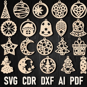 Kerst-cdr lasergesneden ornamenten, kerstboomversieringen, kerstboomdecors Glowforge Cricut vakantiecadeau Happy New Year SVG DXF-bestanden