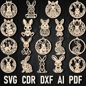 Easter and Christmas Bunny Laser Cut Ornament svg Files, Glowforge Easter Rabbit dxf cutting bundle, Cute Floral Bunny svg, Bunnies hanger