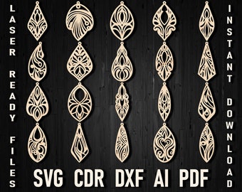 Boucles d'oreilles et pendentifs de 20 styles svg différents élégants, fichiers découpés au laser, motif de boucle d'oreille en cuir ensemble téléchargement numérique | svg, dxf, IA, pdf, cdr