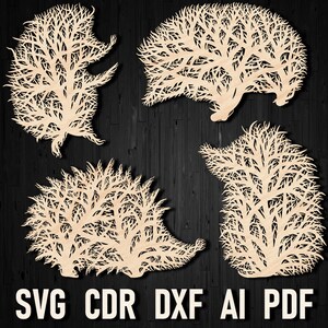 May include: Four laser-cut wooden hedgehog designs with intricate tree branch patterns. The designs are ready to be used for crafting projects.