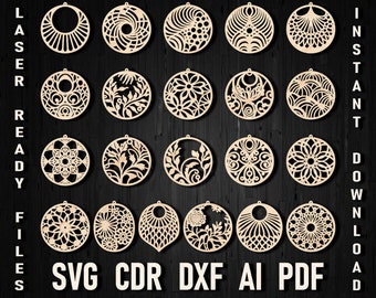 Pendientes circulares corte láser svg diseño Glowforge, Pendientes círculo collar patrón plantillas de corte láser para mujeres joyería de madera, pendiente boho