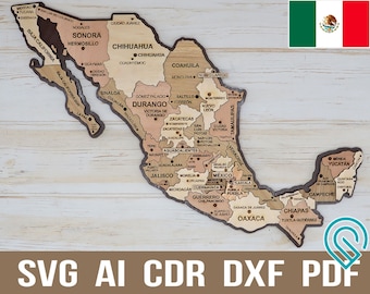 Svg Mexico map file for laser cut and glowforge, Mexico Pdf for Wooden map 3D puzzle cut map, dxf file pattern, Mexico cnc plan Vector ai