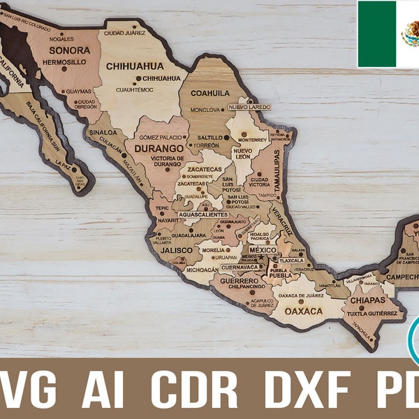 Svg Mexiko Karte Datei für Laser geschnitten und Glühen, Mexiko Pdf für Holz Karte 3D Puzzle geschnitten Karte, Dxf Dateimuster, Mexiko cnc Plan Vektor ai