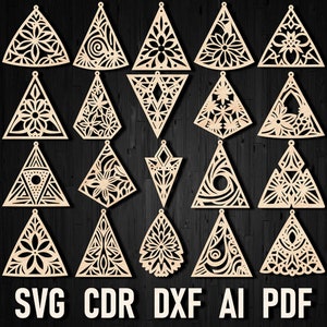 Eleganckie kolczyki cięte laserowo trójkątne svg dla glowforge, zestaw wisiorków z biżuterią rzemieślniczą laserowo wycinane geometryczne kolczyki svg cdr dxf ai pdf