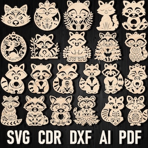 Raccoon Christmas laser cutting SVG ornament template bundle, vector Glowforge Cricut Racoon cdr dxf pdf digital clipart Paint after cutting