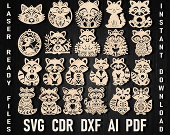 Raccoon Christmas laser cutting SVG ornament template bundle, vector Glowforge Cricut Racoon cdr dxf pdf digital clipart Paint after cutting