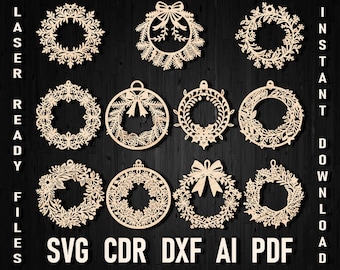 Flower wreath laser cut Christmas svg ornament, Floral simple wreath dxf frame Glowforge and Xtool papercut template, Cricut svg cut file