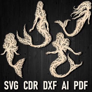 SVG Meerjungfrau Baum Stil Wand Kunst Panel Dekor Laser Cut Dateien für Cricut und Glowforge, Sirene Vektor Panno Datei für CNC Plasmen Dxf Muster