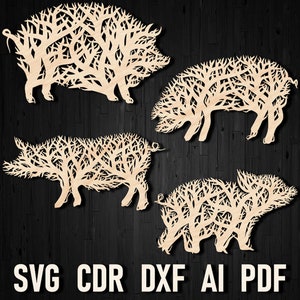 Svg Pig Tree Style Ornament Wall Home Decor Files For Glowforge and Laser Cutting, Farmhouse Pig Lover Farm Sign Dxf Pdf Silhouette Cutout