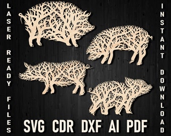 Svg Pig Tree Style Ornament Wall Home Decor Files For Glowforge and Laser Cutting, Farmhouse Pig Lover Farm Sign Dxf Pdf Silhouette Cutout
