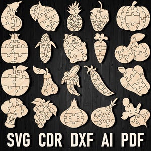 May include: A selection of wooden jigsaw puzzles depicting fruits and vegetables, such as a pineapple, strawberry, and pumpkin. The words "LASER READY FILES" and "INSTANT DOWNLOAD" are vertically aligned on the left and right. File types "SVG CDR DXF AI PDF" are shown at the bottom.