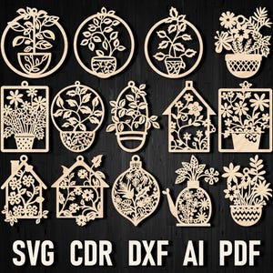 Pacote de enfeites de madeira cortados a laser para árvore de Natal floral SVG, buquês de flores silvestres Glowforge Cricut Silhouette Files Dia das Mães Dxf Pdf Presentes