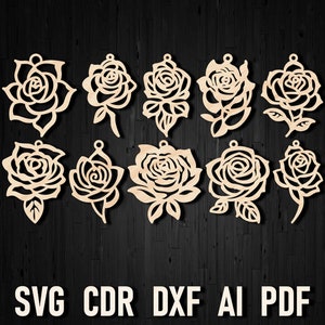 Brincos de rosa SVG Arquivo de corte a laser de rosa Brinco floral Glowforge Svg Brinco de flor de rosa de dia dos namorados Arquivo Xtool, Pacote de brincos Rose Cricut Dxf