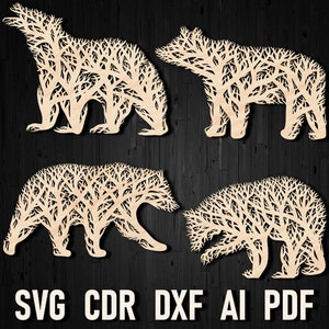Op de afbeelding: Vier lasergesneden beren-silhouetten van hout. Elke beer is ingewikkeld ontworpen met een boompatroon binnen de omtrek van de beer. De beren zijn gerangschikt in een rasterpatroon op een donker houten achtergrond. De tekst "LASER READY FILES" staat aan de linkerkant van de afbeelding en "INSTANT DOWNLOAD" aan de rechterkant van de afbeelding. De tekst "SVG CDR DXF AI PDF" staat onderaan de afbeelding.