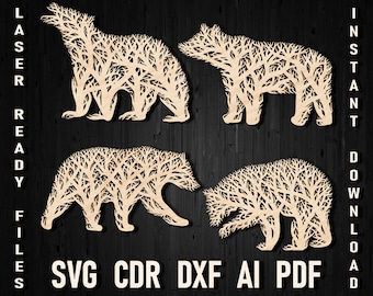 Svg Bear Tree Laser Cut Panel, Bear Forest Shape Wall Art Decor Idea for Glowforge Plasma Cricut and Silhouette, Dxf plywood metal template