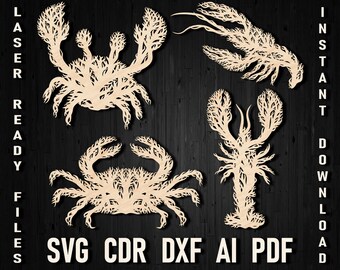 Svg Crayfish and Crabs Tree Style Wall Art Panel Decor for wood cut, Lobster Ornament pdf decor digital file for Laser Cutting and Glowforge