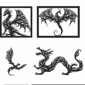 Op de afbeelding: Zes zwart-wit illustraties van een draak gemaakt van takken. De draak wordt in verschillende poses getoond, waaronder vliegen, opgerold en staand. De illustraties zijn eenvoudig en elegant.