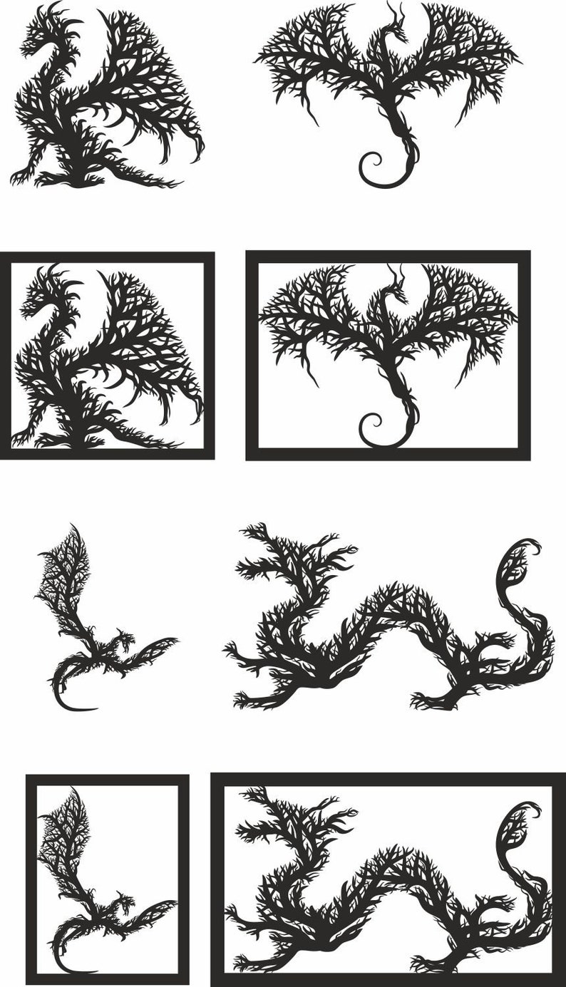 Op de afbeelding: Zes zwart-wit illustraties van een draak gemaakt van takken. De draak wordt in verschillende poses getoond, waaronder vliegen, opgerold en staand. De illustraties zijn eenvoudig en elegant.