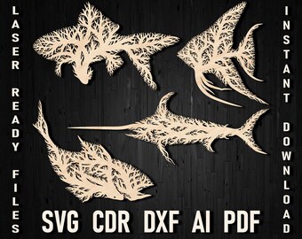 Fish Svg Cut Files For CNC Laser Cutting and Plasma, Dxf silhouette Ocean Fish Tree Wall Decor File For Cricut and Glowforge, Metal Panel