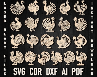 Happy Thanksgiving and Christmas Turkey Svg Laser Cut Ornament Bundle files wall art, Dxf vector file Fall Xtool Glowforge Cricut Files