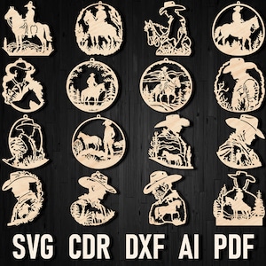 Cowboy Weihnachten Laser Cut Ornament, Western Szene DXF Dateien für Glowforge Cowgirl Liebhaber Dekor für Cricut Rodeo Holz Plan Vorlage