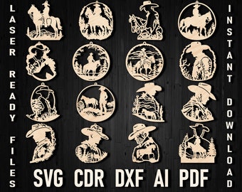 Cowboy Svg Christmas Laser Cut Ornament, Western scene DXF files for Glowforge Cowgirl lover decor for cricut Rodeo Wood Plan Template