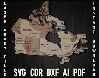 Svg Canada map laser cut and glowforge file, Pdf for Wooden map 3D puzzle City Map dxf file pattern, canada cnc plan, Canada Cut File ai