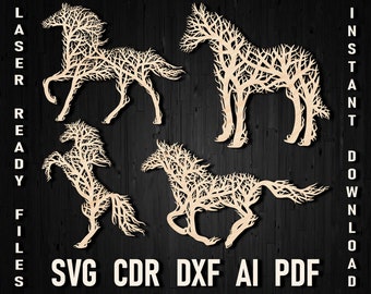 Paard boom stijl Wall Art Svg-bestanden voor laser gesneden en Glowforge, paard boerderij Svg wandpaneel, CNC plasma router snijden bestanden Pdf Dxf Ai