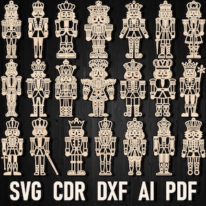 Pacote SVG de enfeites de quebra-nozes de Natal para arquivos de corte a laser Lightburn - Decoração de silhueta digital de corte de quebra-nozes para máquinas CNC bonecas Dxf