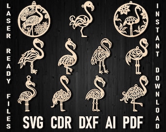 Flamingo Svg Laser cut Christmas Bundle Ornaments, Flamingo Bird Cricut cut file Plywood cutting, Paper Clipart Dxf file, Wooden Home Decor