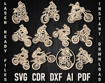 Christmas Motocross Ornaments SVG Bundle For Glowforge and Laser Cut Files Rider Dxf Digital Silhouette Motorbike Decor for CNC machines