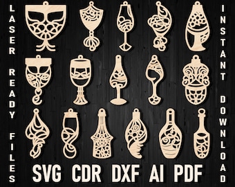 Orecchini bottiglia di vino Svg, orecchini di vino Glowforge Laser Cut SVG, file Xtool di vino, file di orecchini laser, orecchini Glowforge, vetro di bottiglia di vino