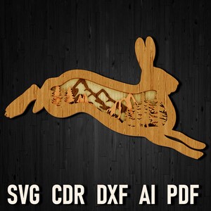SVG multicouche lièvre lapin, fichier de coupe en couches lapin, couche 3D de coupe de contreplaqué de découpe de papier, contreplaqué de mandala 3D Glowforge Hunting, décoration d'intérieur