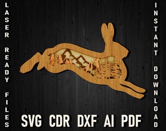 Hare Rabbit multilayer SVG, Rabbit layered cut file, 3D layer Plywood cutting Paper cutting, 3D mandala plywood Glowforge Hunting home decor