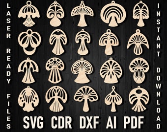 Mushroom Earring SVG Bundle Laser Cut file, Mushrooms Jewelry Earring Glowforge Ready Template, Earring Cut file Xtool Leather Wood Earrings