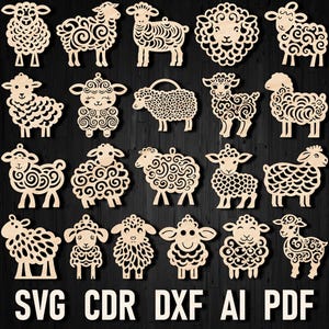 May include: A set of 20 laser-cut SVG files featuring intricate designs of sheep. The files are perfect for creating unique decorations, ornaments, or crafts.